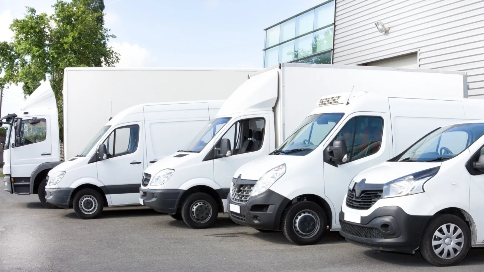 Verschiedene weiße Transporter stehen nebeneinander.
